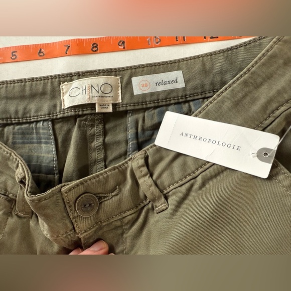ANTHROPOLOGIE Olive Green w Black velvet stripe straight leg chinos size 28 - Picture 11 of 14